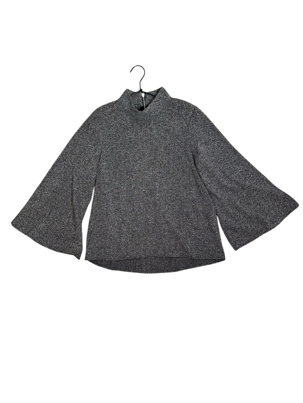 Zara Marled Bouclé Popcorn Knit Mock Neck Bell Sleeve Sweater Top Gray Black
